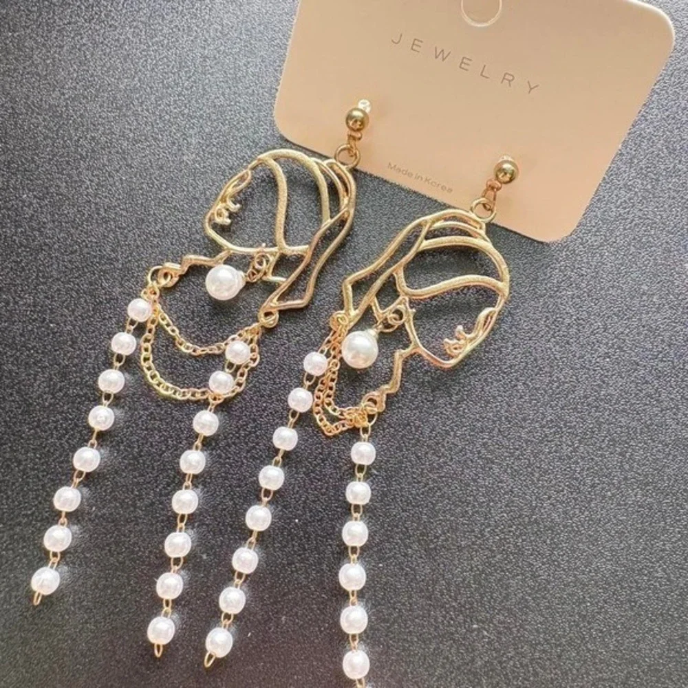 Gold Face Outline Pearl Drop Earrings Inspired by 